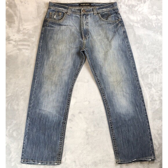 Jordan Craig Jeans Men 38x32 Blue Distressed Straight Leg Dark Wash Baggy - Picture 1 of 9